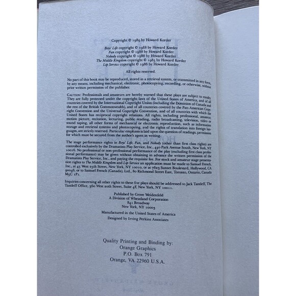 BOYS’ LIFE AND OTHER PLAYS By Howard Korder Hardcover Broadway Drama Book 1989 - Picture 4 of 4